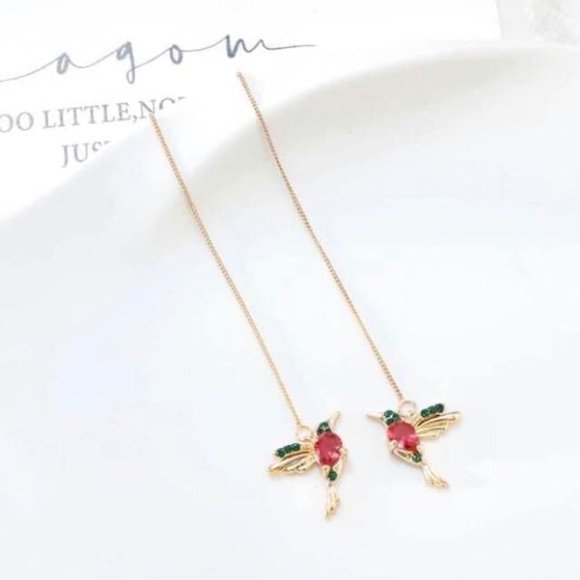 New Gold-Tone & Dark Red/Green Crystal Hummingbird Threaders w/Gold-Tone Chain - Picture 4 of 11